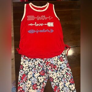 Red Graphic Tank Top and Floral Capri Leggings Set